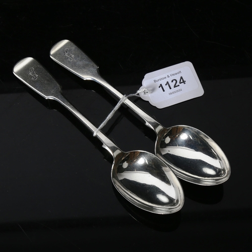 1124 - A pair of Victorian silver Fiddle pattern dessert spoons, hallmarks for Exeter 1875, 2.5g