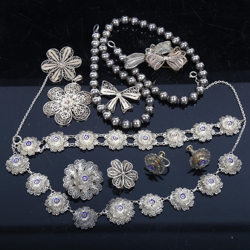 1140 - A demi-parure silver filigree and enamel jewellery, beads etc