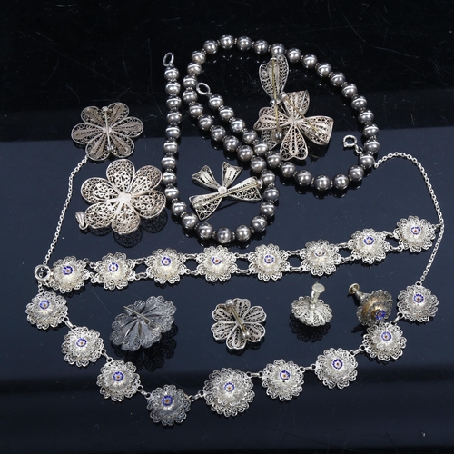 1140 - A demi-parure silver filigree and enamel jewellery, beads etc