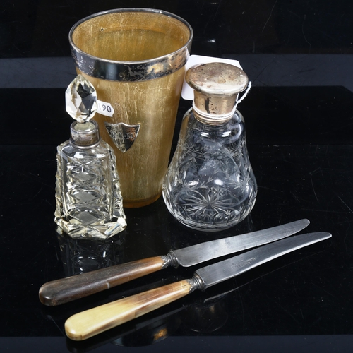 1151 - A 19th century horn beaker with silver bands, 2 silver-mounted scent bottles etc