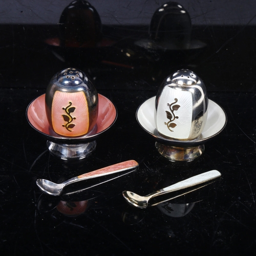 1158 - VOLMER BAHNER - 2 silver and coloured enamel cruet sets, comprising pepper, salt bowl and spoon