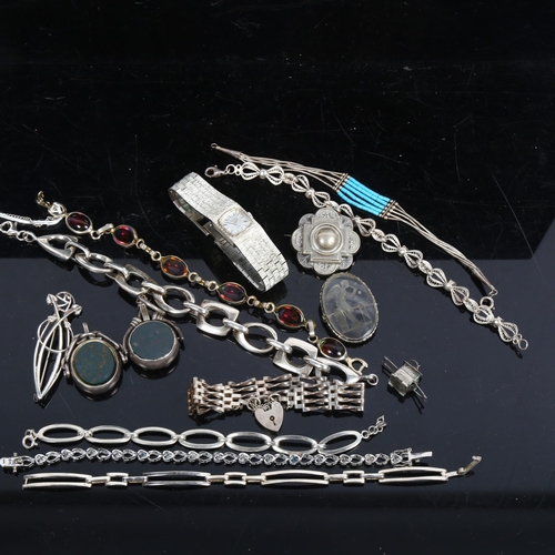 1159 - 2 silver-mounted swivel fobs set with bloodstones, silver openwork bracelets, a filigree bracelet, a... 