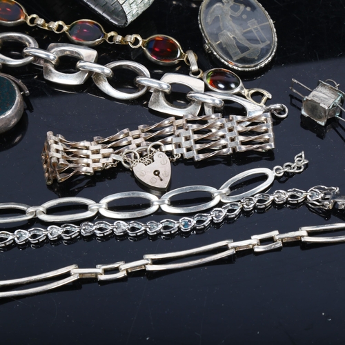 1159 - 2 silver-mounted swivel fobs set with bloodstones, silver openwork bracelets, a filigree bracelet, a... 