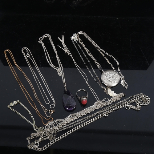 1164 - Various silver bracelets, necklaces, an amethyst pendant necklace, a locket etc