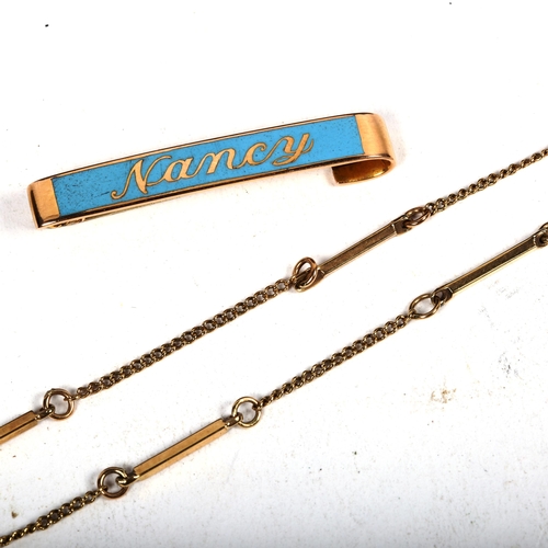 1173 - A 9ct gold bar link bracelet, and a 9ct gold and enamel brooch 