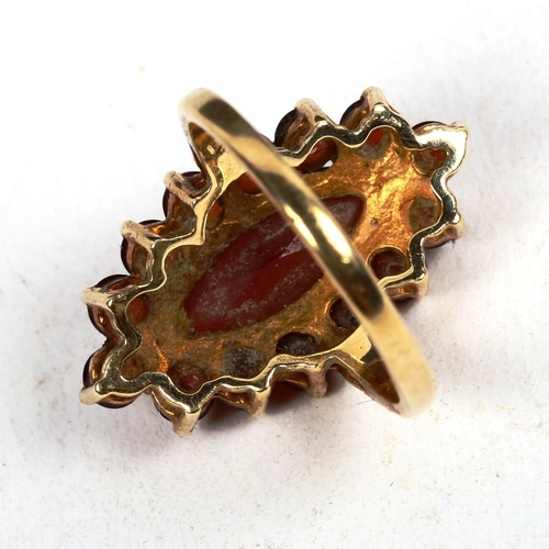 1184 - A 9ct gold and red stone marquise design dress ring, 4.3g, size J