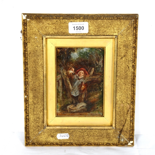 1500 - 19th century oil on board, child at a turnstile, unsigned, framed, overall 27cm x 23cm