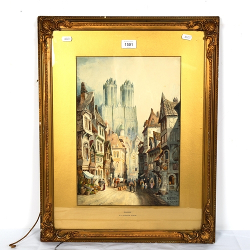 1501 - C H Keats RBA, watercolour, Rheims, signed, framed, overall 60cm x 46cm