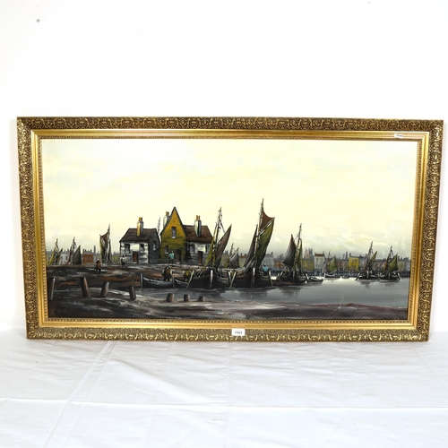 1503 - A large contemporary oil on canvas, riverside town, signed Elliott, framed, overall 64cm x 118cm