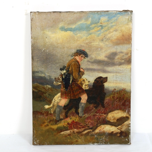 1505 - 19th century oil on canvas, Scottish Highland hunter, unsigned, unframed, 30cm x 22cm