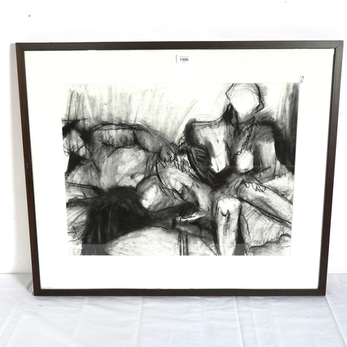 1506 - M E Wibon, impressionist charcoal sketch, nude figures, signed, framed, overall 71cm x 84cm