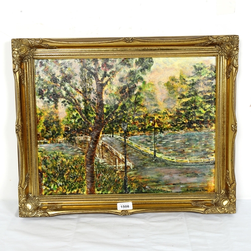 1508 - Ray Middleton, contemporary oil on board, road bridge, 35cm x 45cm, framed