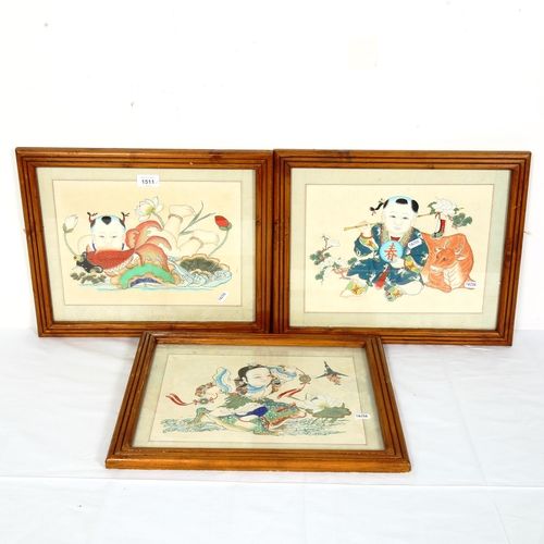 1511 - 3 Chinese watercolours, figures with animals, framed, overall 35cm x 43cm (3)