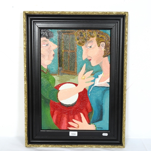 1512 - Carol Maddison, contemporary oil on board, figures in interior scene, signed, framed, overall 64cm x... 