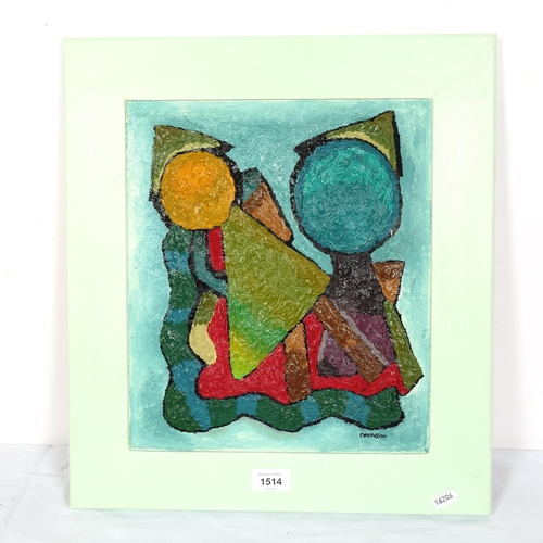 1514 - Carol Maddison, contemporary oil on board, abstract cubist study, signed, framed, overall 46cm x 42c... 