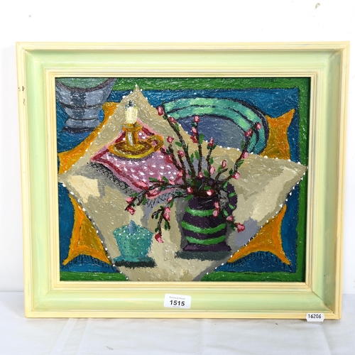 1515 - Carol Maddison, contemporary oil on board, abstract still life, signed, framed, overall 38cm x 44cm