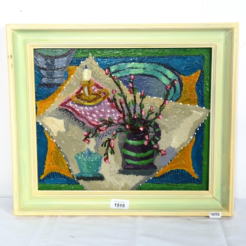 1515 - Carol Maddison, contemporary oil on board, abstract still life, signed, framed, overall 38cm x 44cm