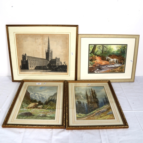 1525 - Various watercolours and prints, mostly landscapes, all framed (4)