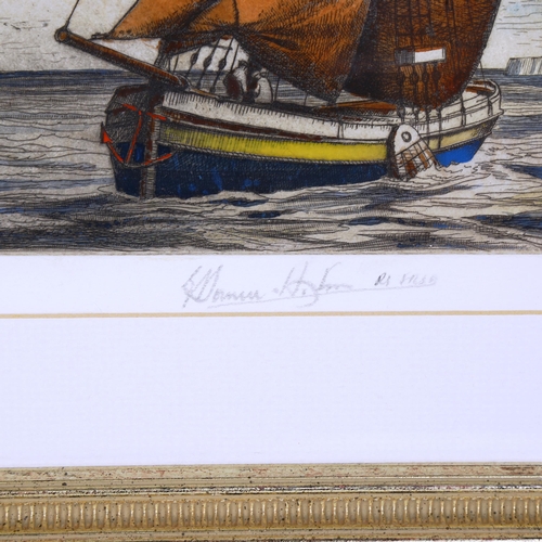 1528 - Edward Hoyton, hand coloured etching, Spritsails at sunset, signed in pencil, no. 46/75, plate 29cm ... 