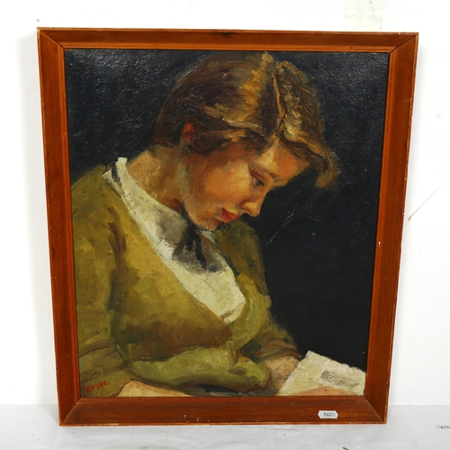 1529 - C Eyre, mid-20th century oil on board, girl reading, signed, framed, overall 49cm x 42cm