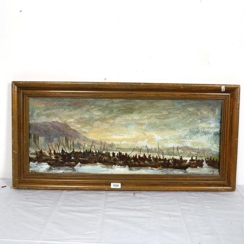 1534 - Edna S Weiss, oil on board, boat people Hong Kong, signed with initials, framed, overall 42cm x 88cm