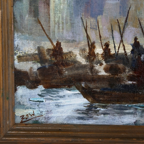 1534 - Edna S Weiss, oil on board, boat people Hong Kong, signed with initials, framed, overall 42cm x 88cm