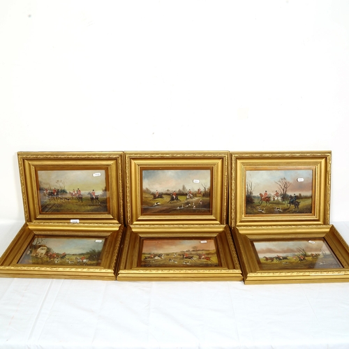 1539 - A set of 6 19th century oils on board, hunting scenes, indistinctly signed and dated 1893, framed, o... 