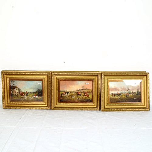 1539 - A set of 6 19th century oils on board, hunting scenes, indistinctly signed and dated 1893, framed, o... 