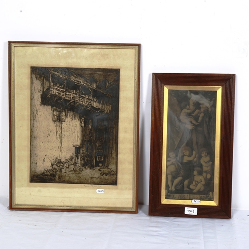 1545 - Frank Brangwyn, etching, figures in courtyard, pencil signed, framed, overall 53cm x 42cm, and anoth... 