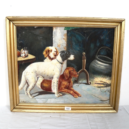 1552 - A Wardell, oil on board, dogs beside a fire, signed, framed, overall 56cm x 65cm