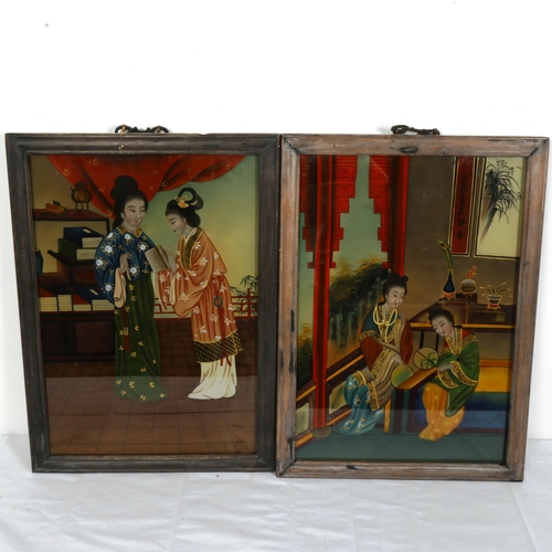 1553 - A pair of Chinese reverse painted and gilded glass panels, figures in interior scenes, framed, overa... 