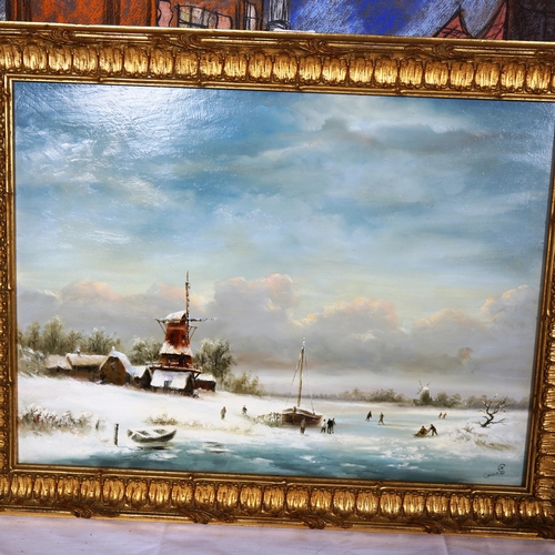 1555 - Dutch oil on board, ice skaters on lake, and Parisian pastel street scene, both framed, largest over... 