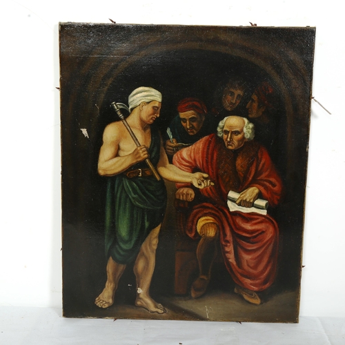 1556 - ** WITHDRAWN**

19th century oil on canvas, the tax gatherer, unsigned, framed, overall 61cm x 53cm