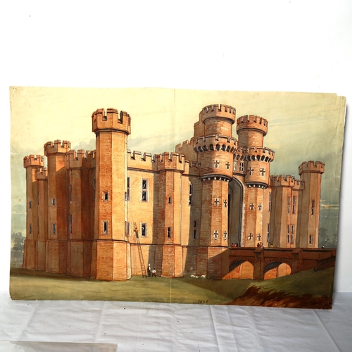 1557 - Robert William Billings, watercolour, architectural front view and ground plan of Herstmonceux Castl... 