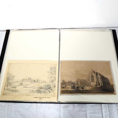 1558 - Folder of Sussex views, including watercolours, hand coloured engravings, lithographs etc, such as R... 