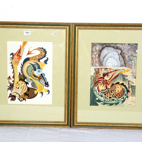 1562 - F Burnham, 2 Oriental style watercolours, dragon studies, framed, overall 58cm x 45cm