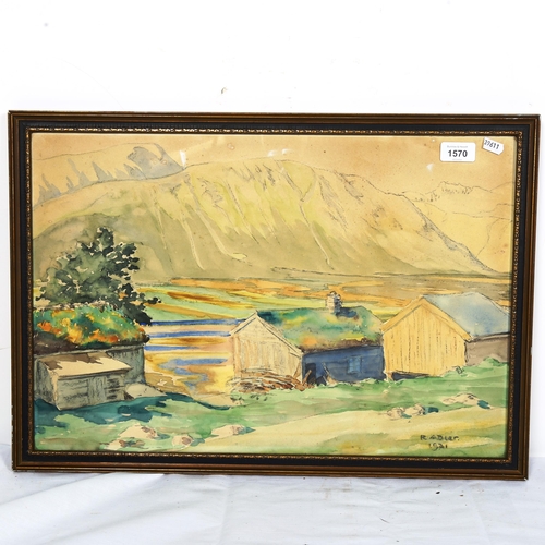 1570 - R Adler, watercolour, extensive landscape, signed and dated 1921, framed, overall 40cm x 58cm