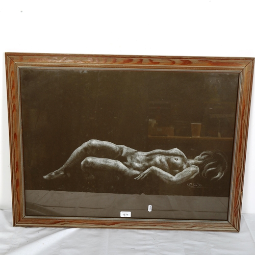 1571 - Charcoal and crayon drawing, reclining female nude, dated 12th January '71, framed, overall 64cm x 8... 