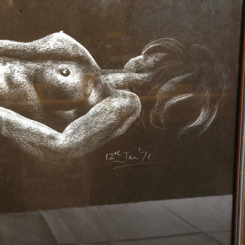 1571 - Charcoal and crayon drawing, reclining female nude, dated 12th January '71, framed, overall 64cm x 8... 