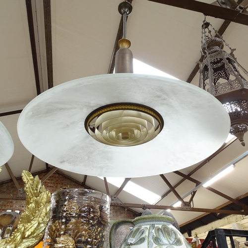 473 - A pair of large frosted glass pendant lights Ex British library, diameter 70cm