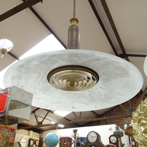 473 - A pair of large frosted glass pendant lights Ex British library, diameter 70cm