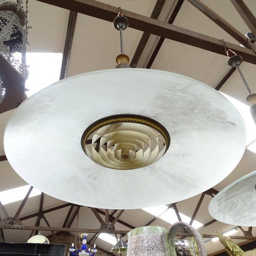 473 - A pair of large frosted glass pendant lights Ex British library, diameter 70cm