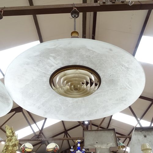 473 - A pair of large frosted glass pendant lights Ex British library, diameter 70cm