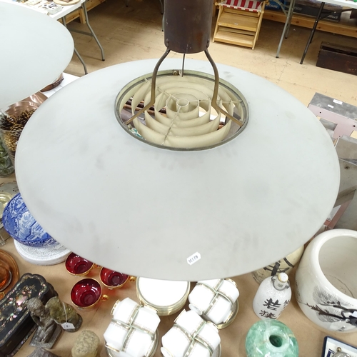 473 - A pair of large frosted glass pendant lights Ex British library, diameter 70cm