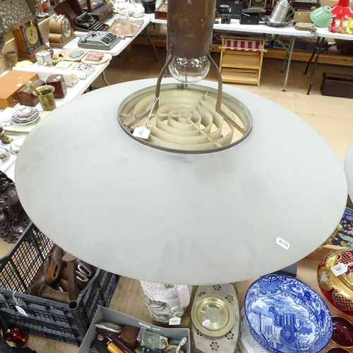 473 - A pair of large frosted glass pendant lights Ex British library, diameter 70cm