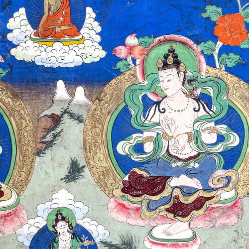 1420 - A 19th century thangka, Lhasa, Central Tibet, natural pigment on fabric mounted on wood, depicting B... 