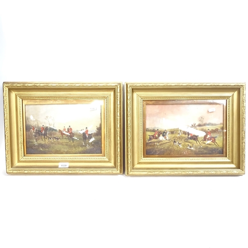 1539 - A set of 6 19th century oils on board, hunting scenes, indistinctly signed and dated 1893, framed, o... 