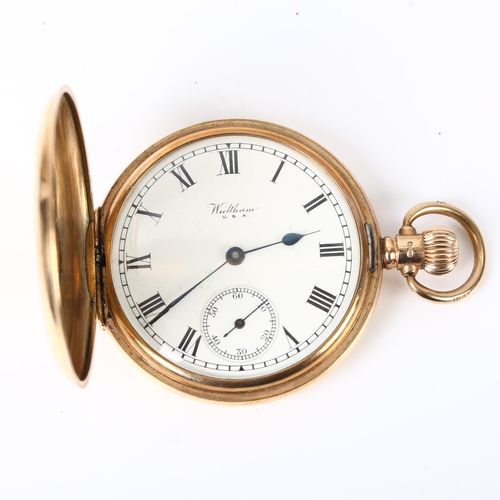 70 - WALTHAM - a 9ct gold ful hunter keyless wind pocket watch, white enamel dial with Roman numerals, bl... 