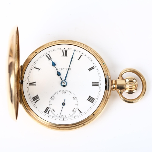 71 - VERTEX - a 9ct gold half hunter keyless wind pocket watch, white enamel dial with Roman numerls, blu... 