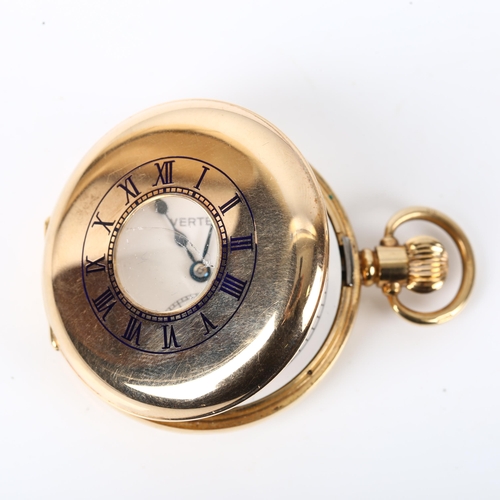 71 - VERTEX - a 9ct gold half hunter keyless wind pocket watch, white enamel dial with Roman numerls, blu... 